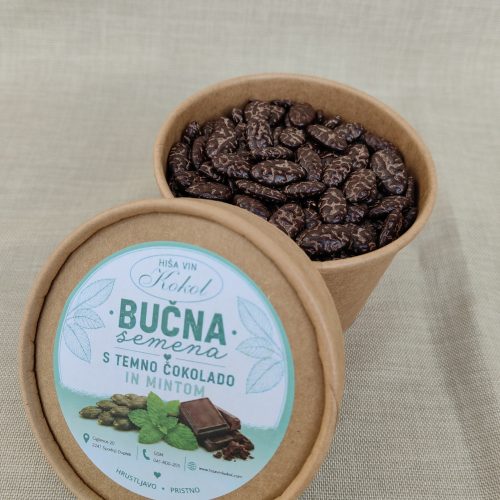 B/BUČNA SEMENA OBLITA S TEMNO ČOKOLADO in MINTOM/KÜRBISKERNE MIT BITTERSCHOKOLADE und MINZE ÜBERZOGEN