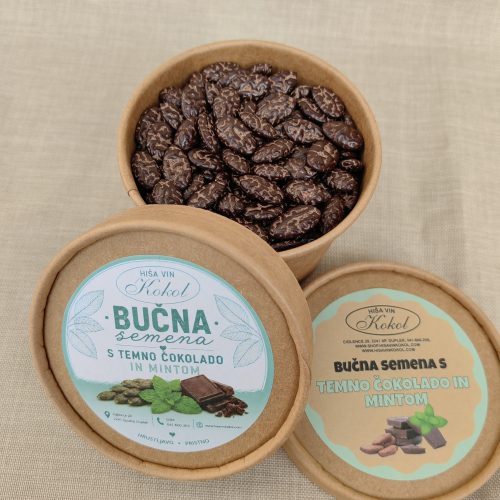 B/BUČNA SEMENA OBLITA S TEMNO ČOKOLADO in MINTOM/KÜRBISKERNE MIT BITTERSCHOKOLADE und MINZE ÜBERZOGEN
