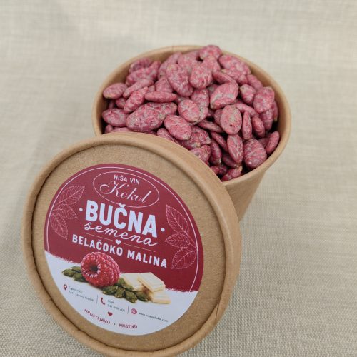 B/BUČNA SEMENA OBLITA Z BELO ČOKOLADO OKUSOM MALINE/KÜRBISKERNE ÜBERZOGEN MIT WEISSER SCHOKOLADE MIT HIMBEERGESCHMACK