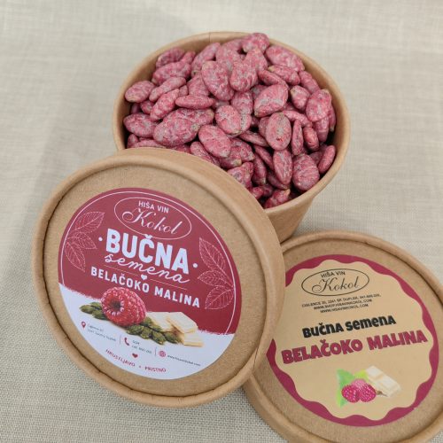 B/BUČNA SEMENA OBLITA Z BELO ČOKOLADO OKUSOM MALINE/KÜRBISKERNE ÜBERZOGEN MIT WEISSER SCHOKOLADE MIT HIMBEERGESCHMACK