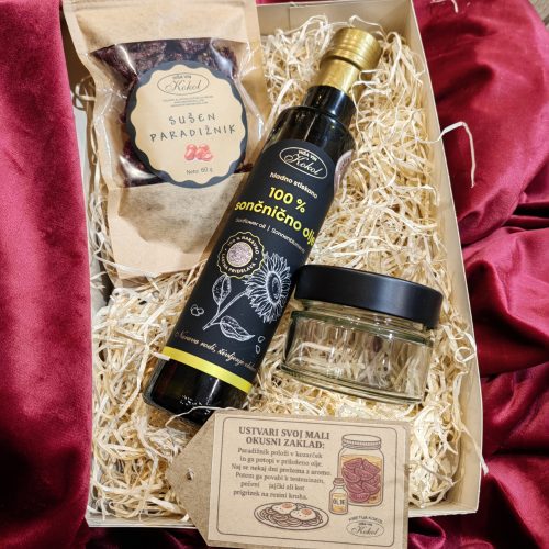 Z_NOVO/PAKET “Naredi si sam”(250 ml sončnično olje+ 60 g sušen paradižnik)+ steklen kozarček +”vodnik za pripravo”